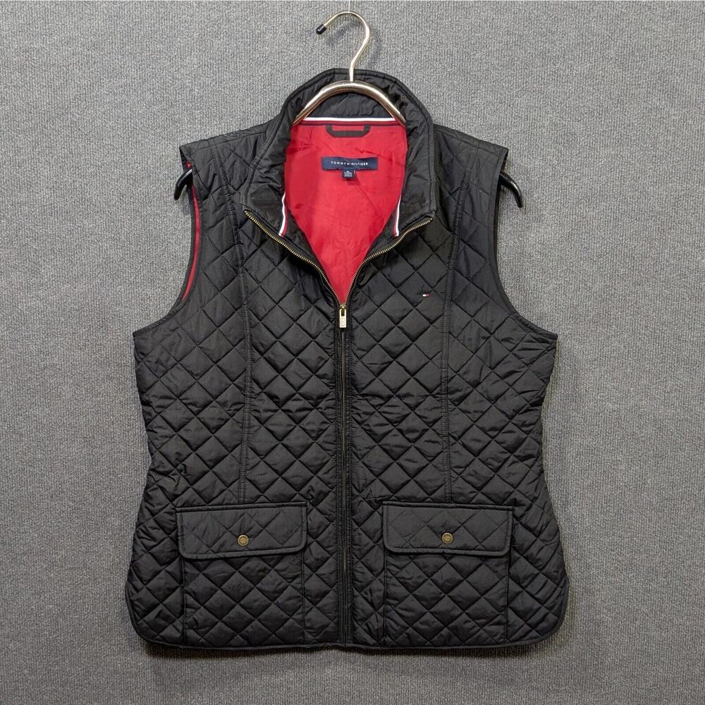 Tommy Hilfiger Quilted Vest Womens XL Full Zip Pockets Black Layer Preppy